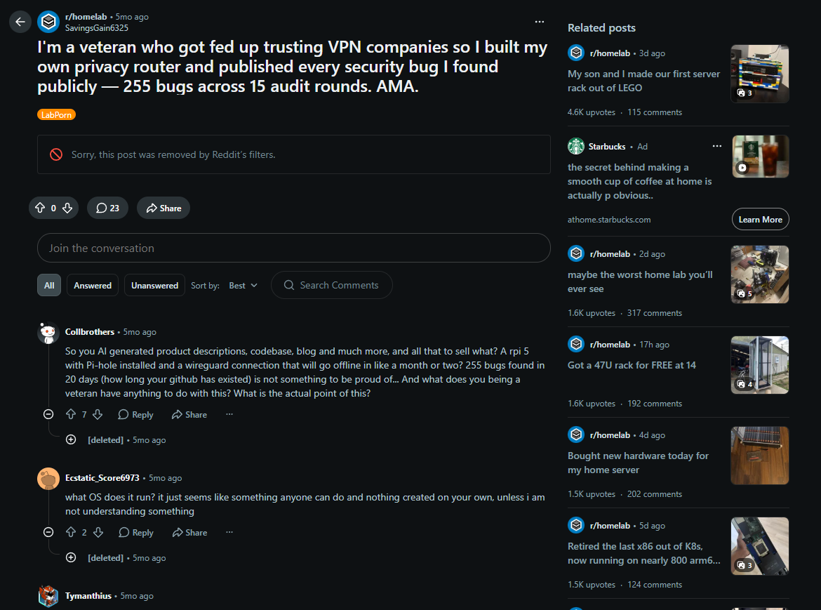 Screenshot of the r/homelab post: 'I'm a veteran who got fed up trusting VPN companies so I built my own privacy router and published every security bug I found publicly — 255 bugs across 15 audit rounds. AMA.' The post is marked removed by Reddit's filters, with 23 comments underneath it.
